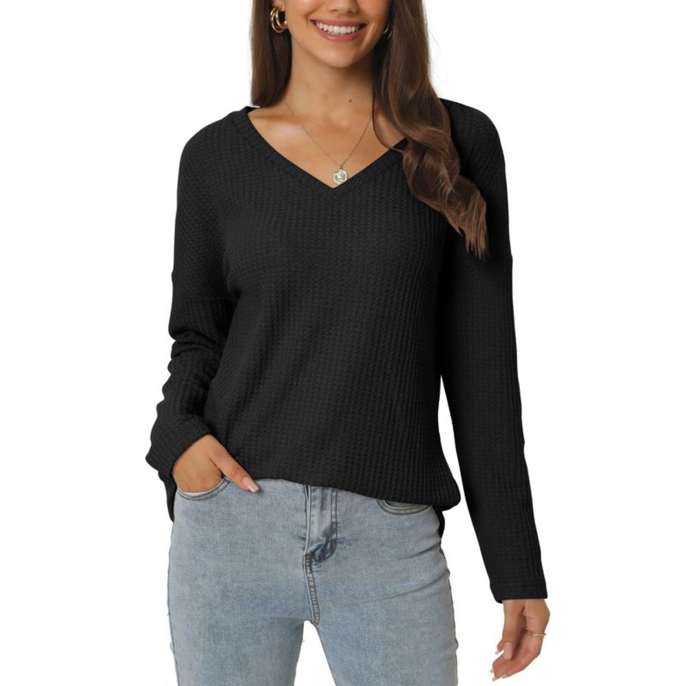 Waffle Knit Tops V Neck Shirts Slouchy Loose Blouse Lightweight Pullover Black